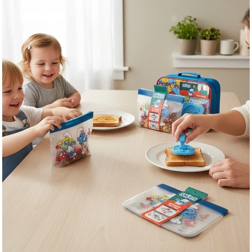The Smurfs Reusable Snack Bags 2pk x2 and Toast Stamp Blue Retro School Lunch